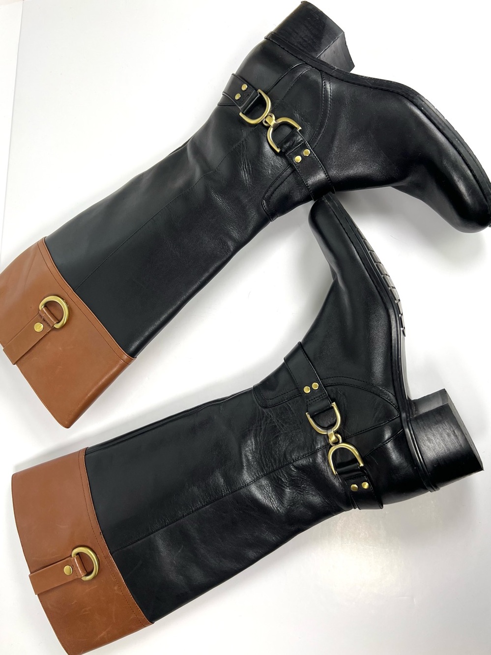 Bandalino Leather Equestrian Metal Buckle Riding Boot 7.0 Black Brown Two Tone